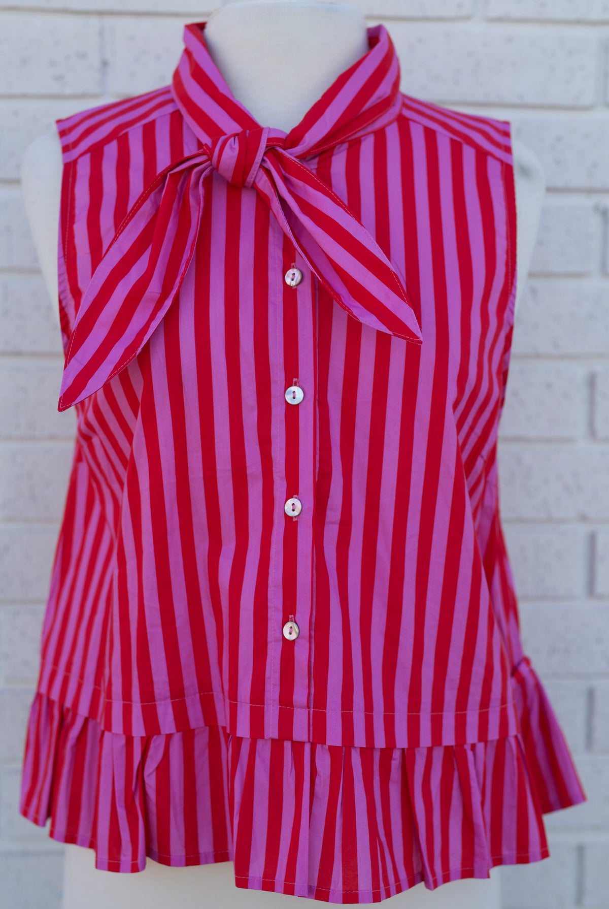 RED AND PINK STRIPED SLEEVELESS TOP WITH NECK TIE