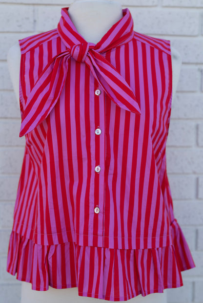 RED AND PINK STRIPED SLEEVELESS TOP WITH NECK TIE