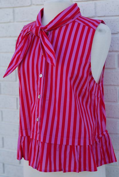 RED AND PINK STRIPED SLEEVELESS TOP WITH NECK TIE