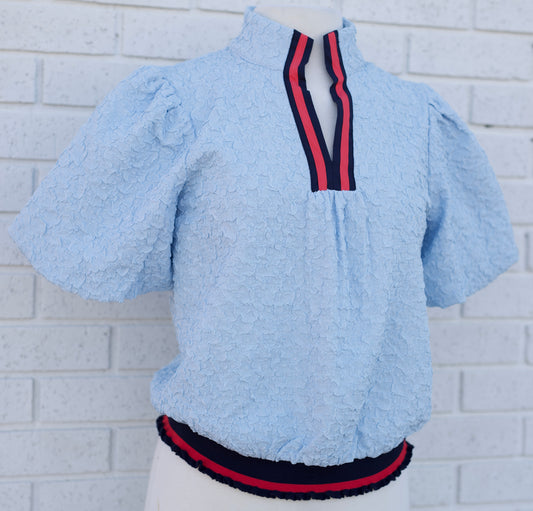 Stripe Accent V-Neck Textured Solid Top
