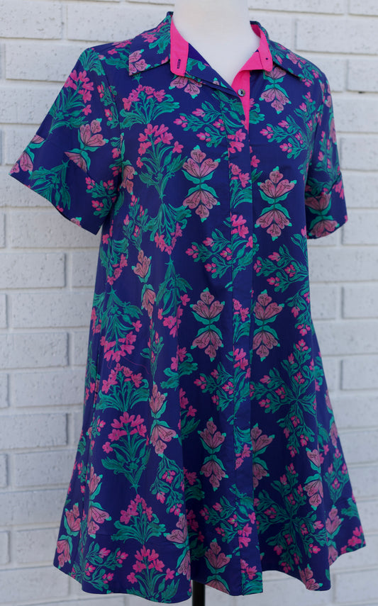 FLORAL PRINT SHORT SLEEVE CONTRAST LINED MINI DRESS
