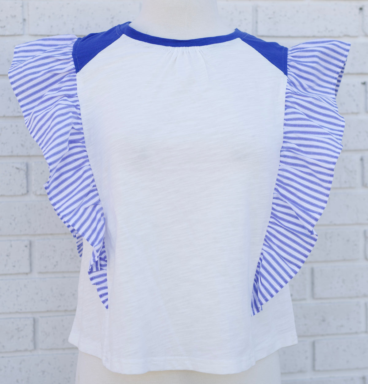 BLUE STRIPED POPLIN RUFFLE SLEEVE RAGLAN BLOUSE - Pharm Favorites by Economy Pharmacy