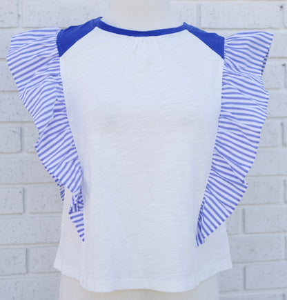 BLUE STRIPED POPLIN RUFFLE SLEEVE RAGLAN BLOUSE - Pharm Favorites by Economy Pharmacy