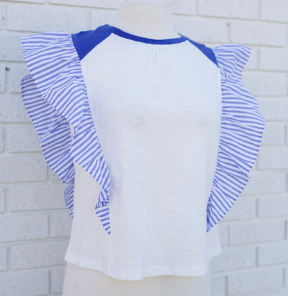 BLUE STRIPED POPLIN RUFFLE SLEEVE RAGLAN BLOUSE - Pharm Favorites by Economy Pharmacy