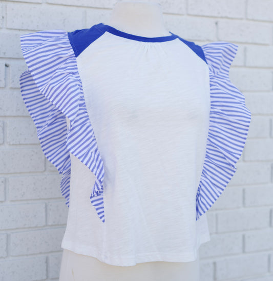 BLUE STRIPED POPLIN RUFFLE SLEEVE RAGLAN BLOUSE - Pharm Favorites by Economy Pharmacy