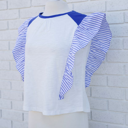 BLUE STRIPED POPLIN RUFFLE SLEEVE RAGLAN BLOUSE - Pharm Favorites by Economy Pharmacy