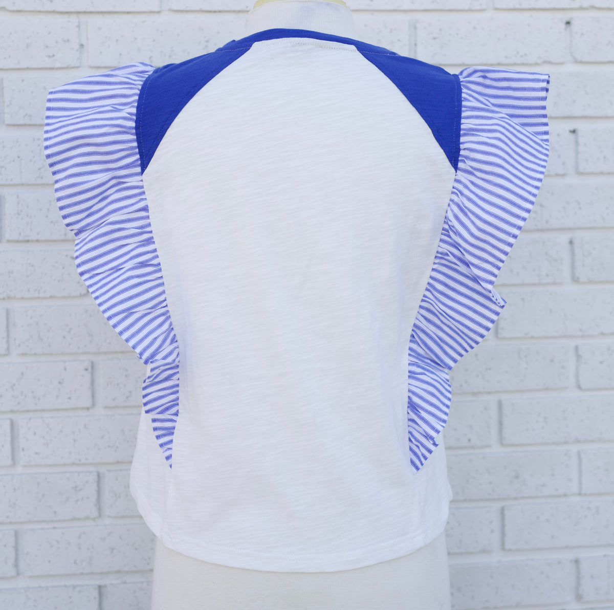 BLUE STRIPED POPLIN RUFFLE SLEEVE RAGLAN BLOUSE - Pharm Favorites by Economy Pharmacy