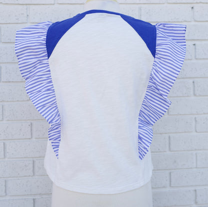 BLUE STRIPED POPLIN RUFFLE SLEEVE RAGLAN BLOUSE - Pharm Favorites by Economy Pharmacy