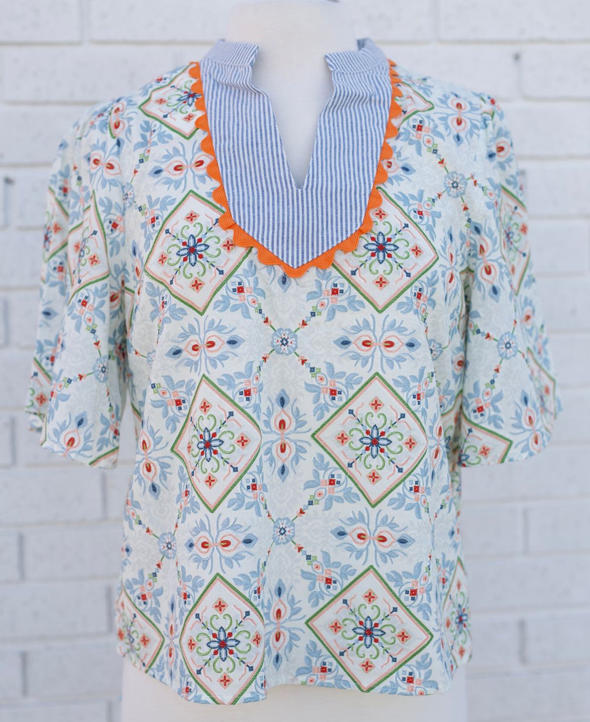 WAVE TRIM SLATE BLUE STRIPED YOKE EMBROIDERY AND PRINTED TOP - Pharm Favorites by Economy Pharmacy
