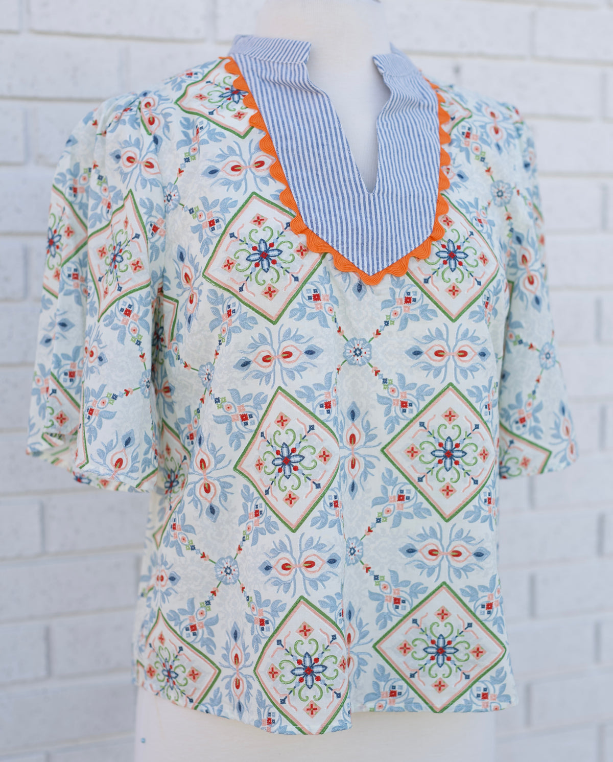 WAVE TRIM SLATE BLUE STRIPED YOKE EMBROIDERY AND PRINTED TOP - Pharm Favorites by Economy Pharmacy