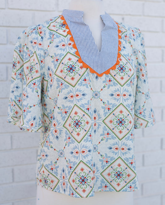 WAVE TRIM SLATE BLUE STRIPED YOKE EMBROIDERY AND PRINTED TOP - Pharm Favorites by Economy Pharmacy
