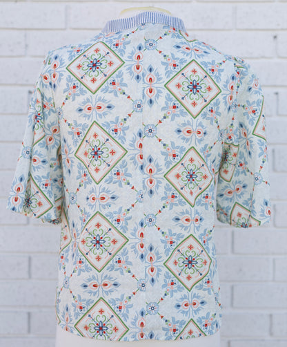 WAVE TRIM SLATE BLUE STRIPED YOKE EMBROIDERY AND PRINTED TOP - Pharm Favorites by Economy Pharmacy