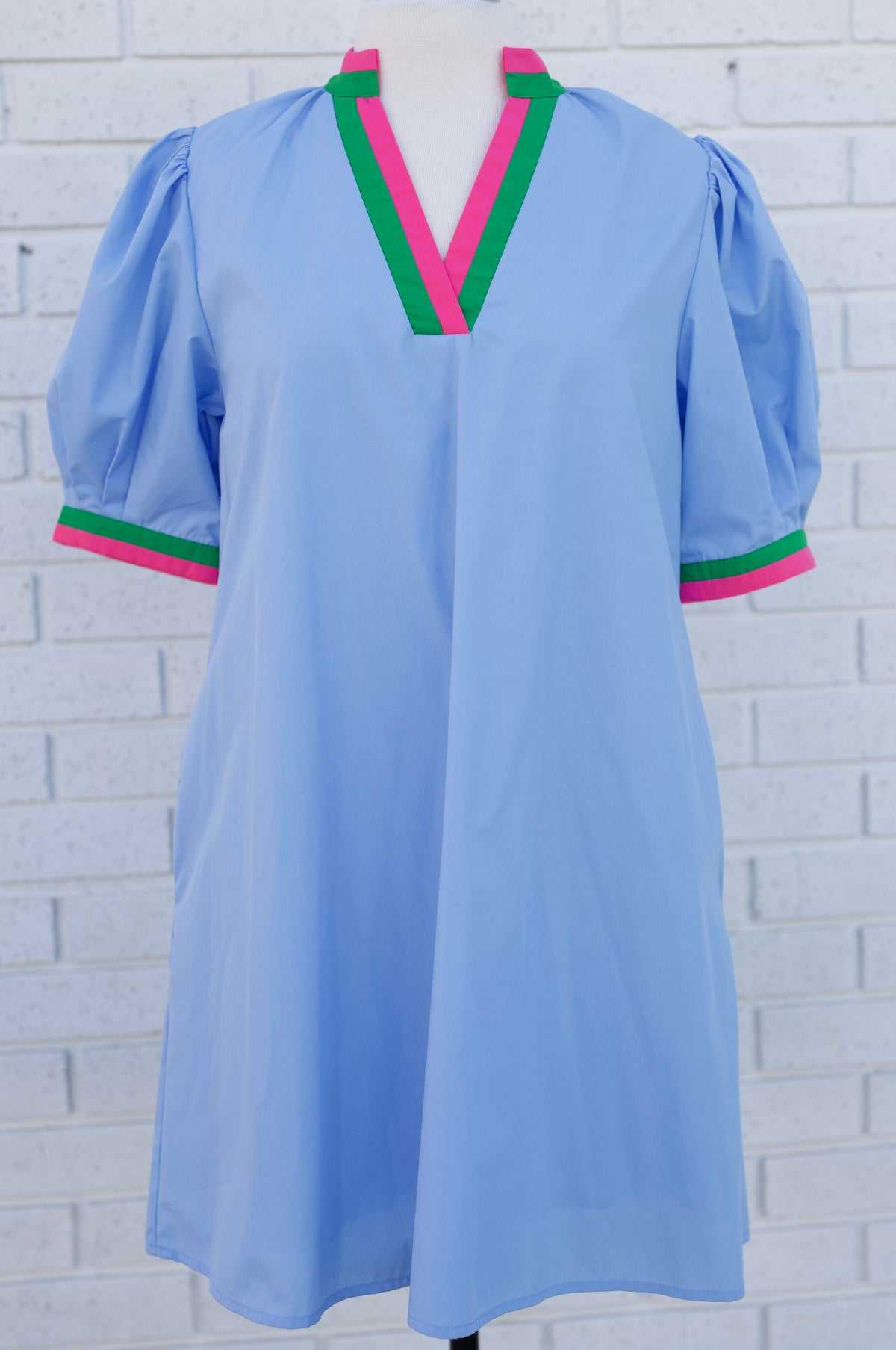 CHAMBRAY PUFF SLEEVE VNECK DRESS WITH PINK & GREEN CONTRAST TRIM - Pharm Favorites by Economy Pharmacy