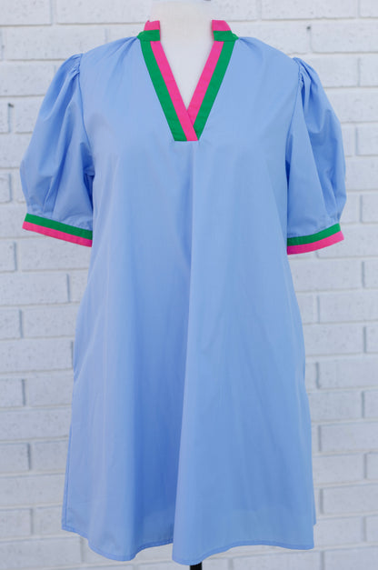 CHAMBRAY PUFF SLEEVE VNECK DRESS WITH PINK & GREEN CONTRAST TRIM - Pharm Favorites by Economy Pharmacy