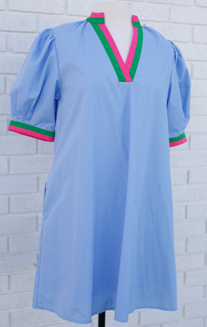 CHAMBRAY PUFF SLEEVE VNECK DRESS WITH PINK & GREEN CONTRAST TRIM - Pharm Favorites by Economy Pharmacy