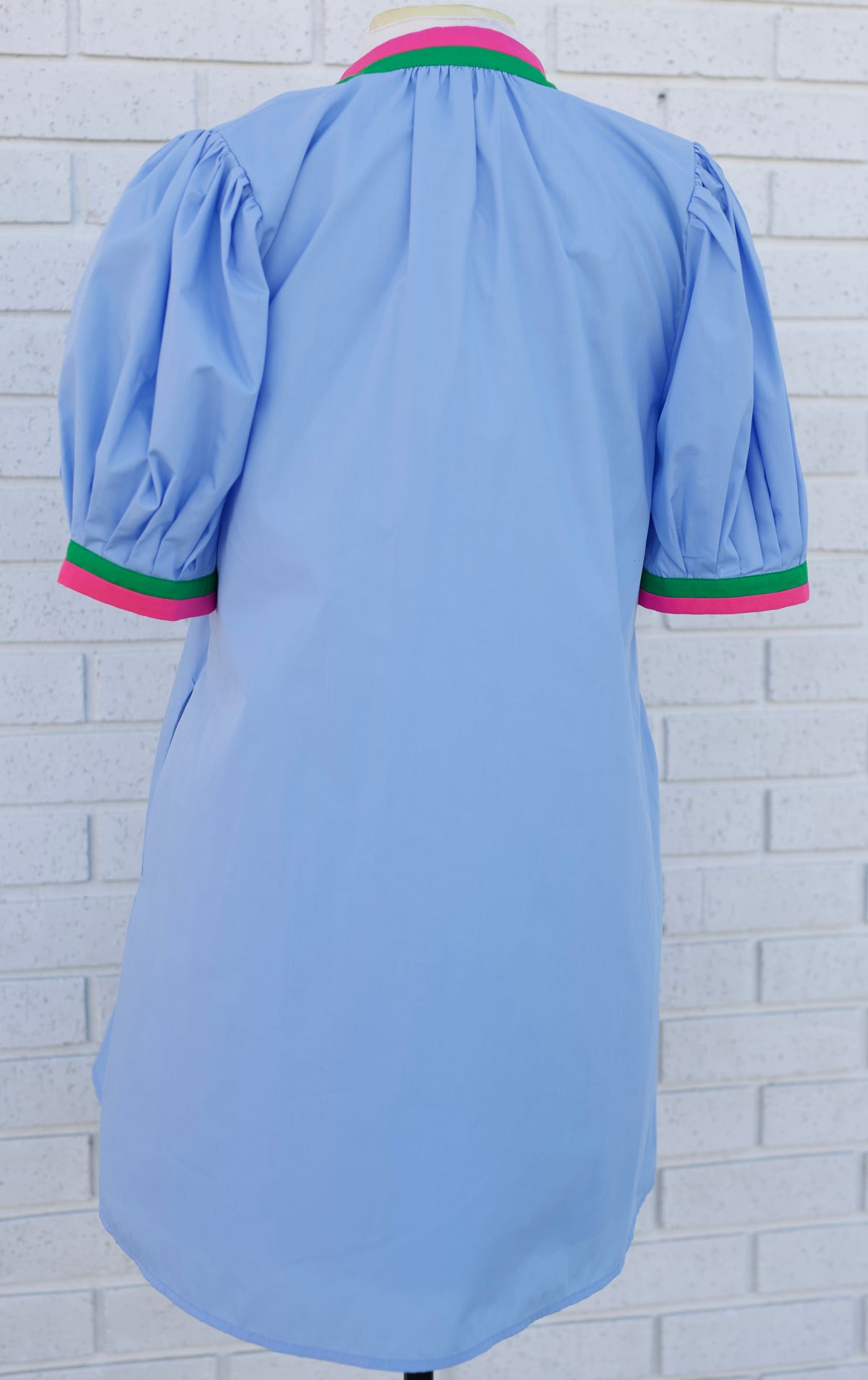 CHAMBRAY PUFF SLEEVE VNECK DRESS WITH PINK & GREEN CONTRAST TRIM - Pharm Favorites by Economy Pharmacy