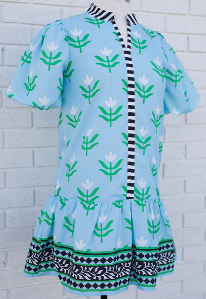 LIGHT BLUE FLORAL PRINT MINI DRESS WITH CONTRAST TRIM