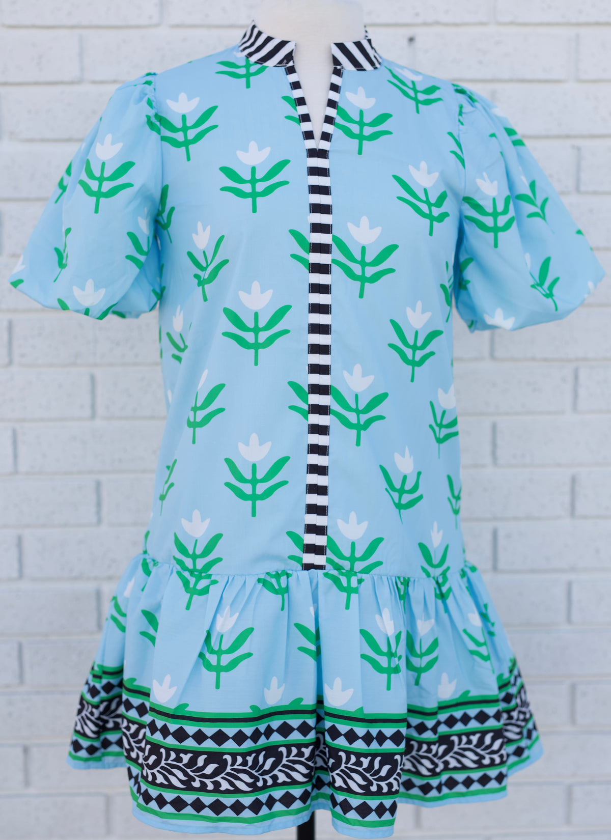 LIGHT BLUE FLORAL PRINT MINI DRESS WITH CONTRAST TRIM