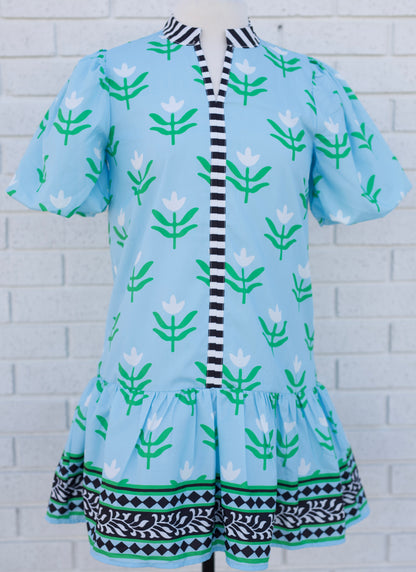 LIGHT BLUE FLORAL PRINT MINI DRESS WITH CONTRAST TRIM