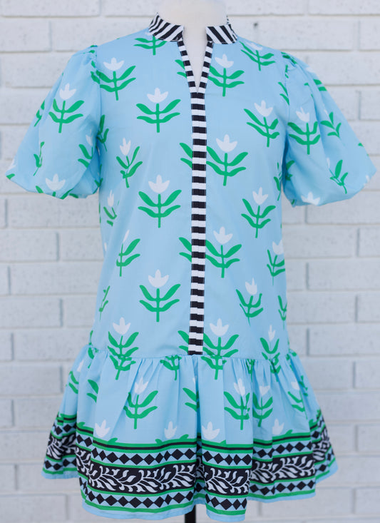 LIGHT BLUE FLORAL PRINT MINI DRESS WITH CONTRAST TRIM