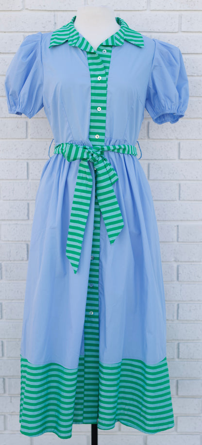 BLUE W/GREEN STRIPE CONTRAST TIE-WAIST MIDI DRESS