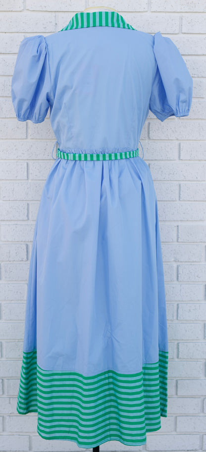 BLUE W/GREEN STRIPE CONTRAST TIE-WAIST MIDI DRESS
