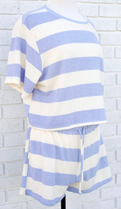 BLUE & IVORY STRIPED BRUSHED CREW NECK SHORT SLEEVED CROP TOP & SHORTS