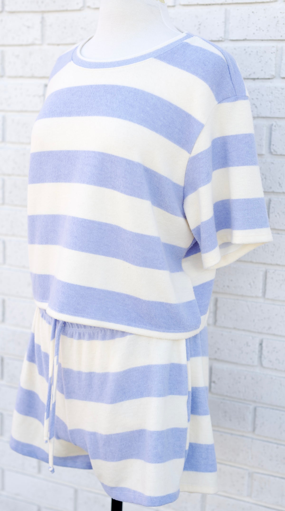 BLUE & IVORY STRIPED BRUSHED CREW NECK SHORT SLEEVED CROP TOP & SHORTS