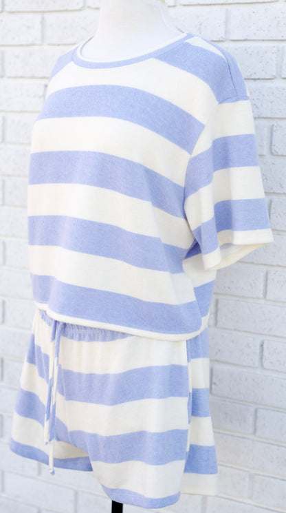 BLUE & IVORY STRIPED BRUSHED CREW NECK SHORT SLEEVED CROP TOP & SHORTS