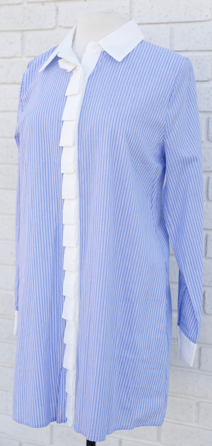 SKY BLUE & WHITE PIN STRIPE PLEAT CONTRAST MINI DRESS - Pharm Favorites by Economy Pharmacy
