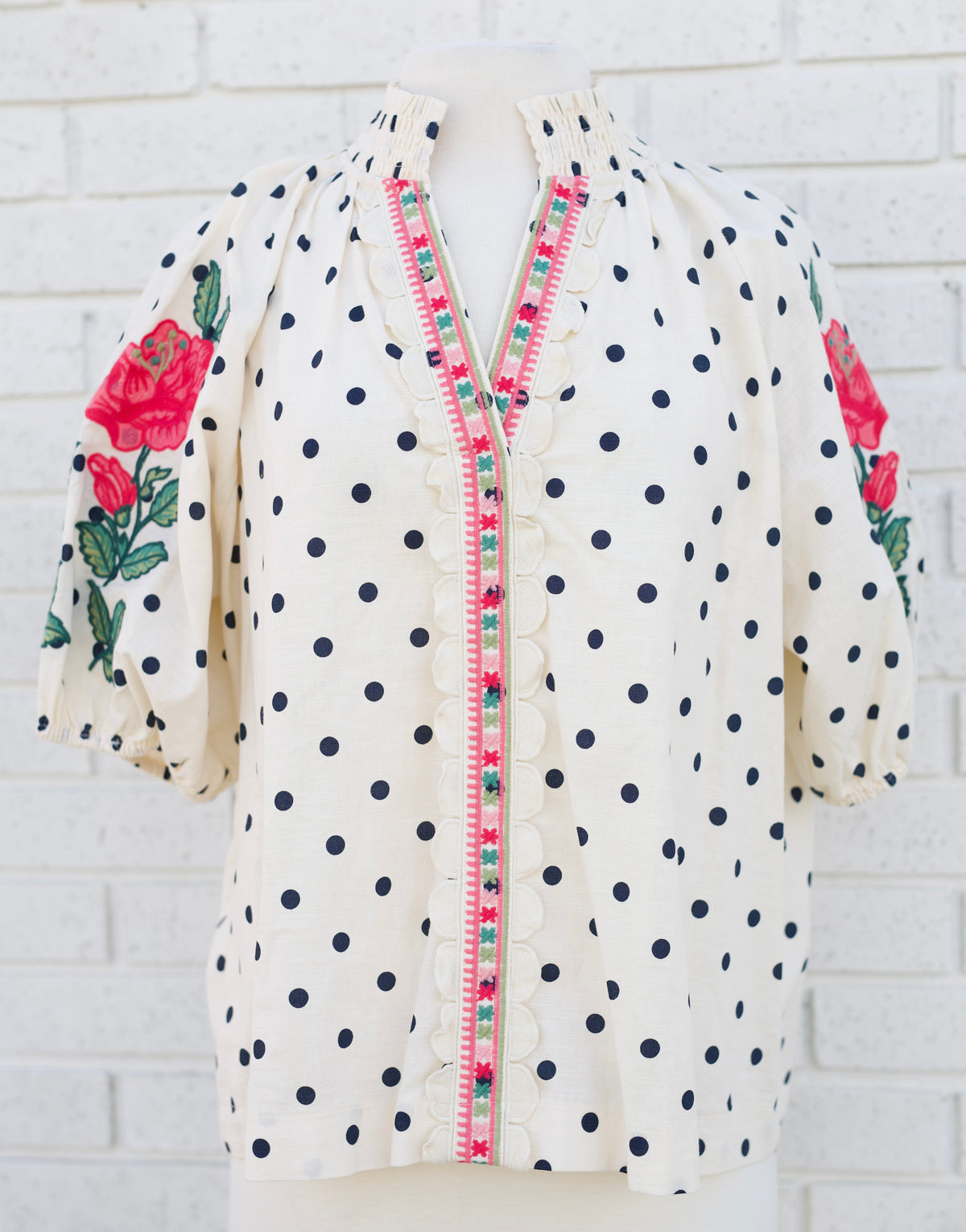 POLKA DOT EMBROIDERY DETAIL PUFF SLEEVE BLOUSE