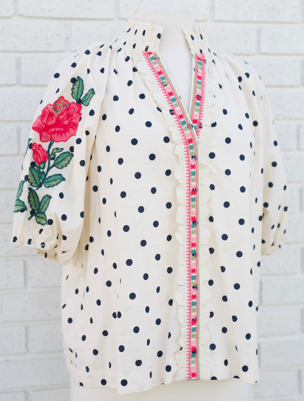 POLKA DOT EMBROIDERY DETAIL PUFF SLEEVE BLOUSE