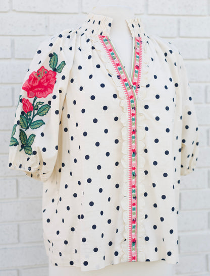 POLKA DOT EMBROIDERY DETAIL PUFF SLEEVE BLOUSE