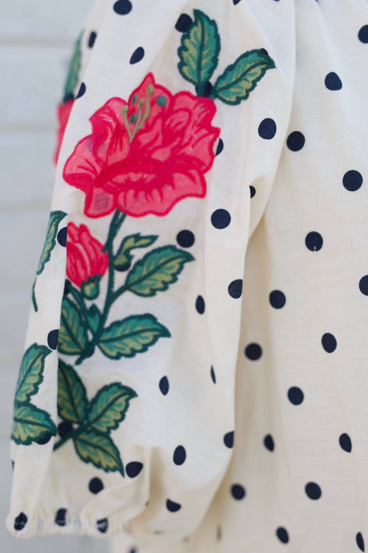 POLKA DOT EMBROIDERY DETAIL PUFF SLEEVE BLOUSE