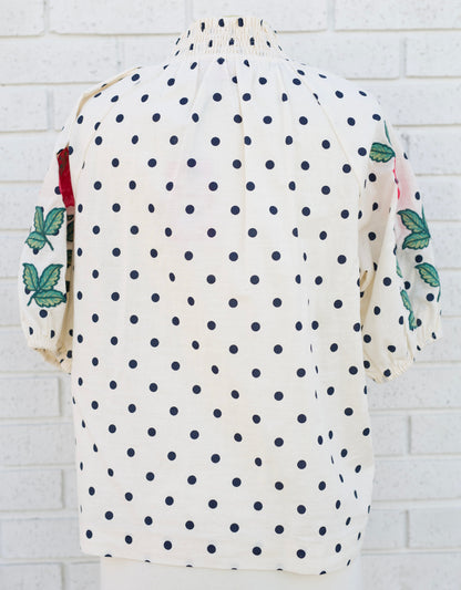 POLKA DOT EMBROIDERY DETAIL PUFF SLEEVE BLOUSE