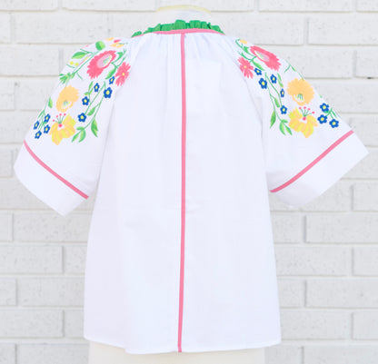 WHITE FLORAL EMBROIDERED RAGLAN TOP W/MULTI COLOR PIPING