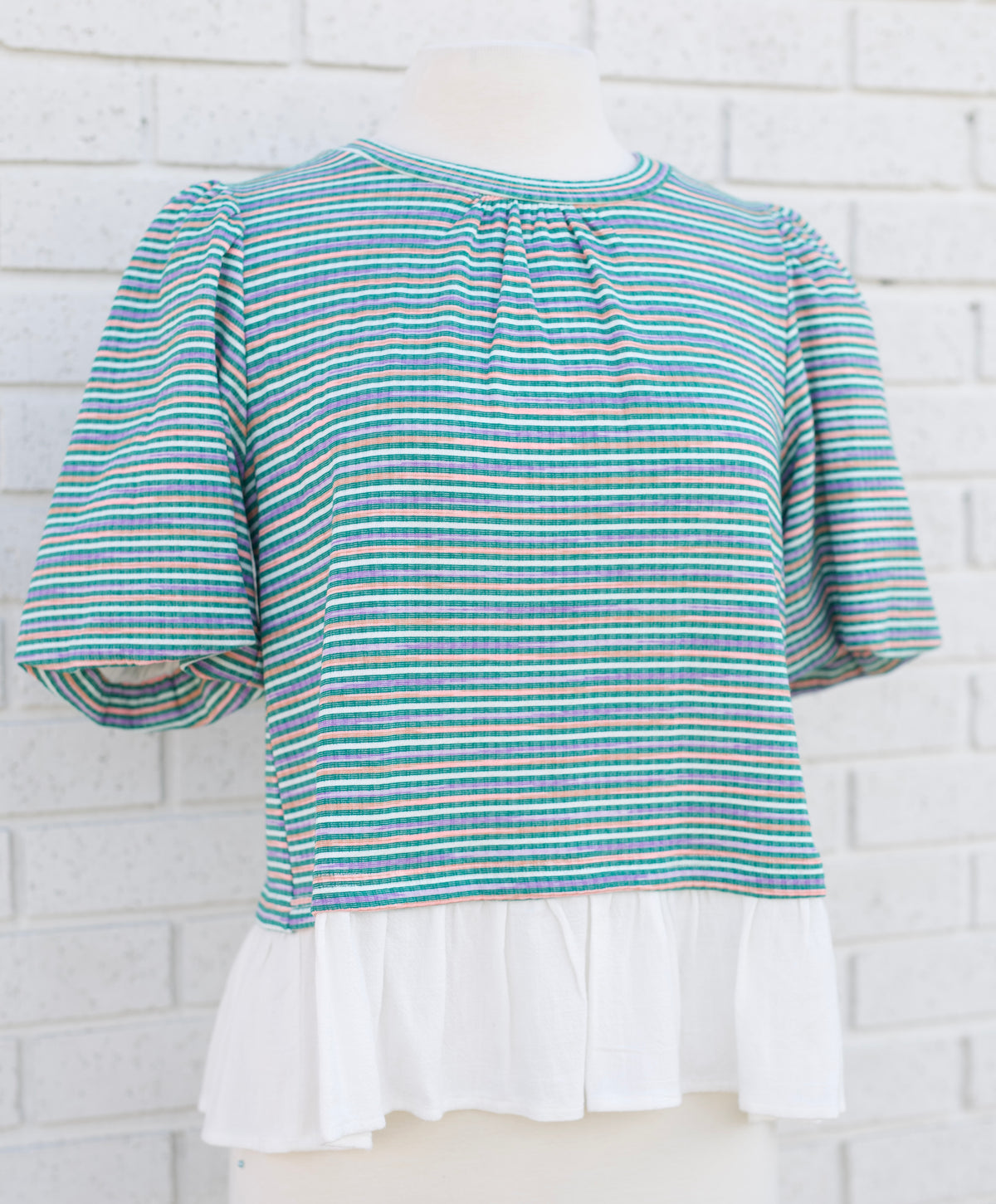 GREEN STRIPE BACK BOW RUFFLE HEM BLOUSE