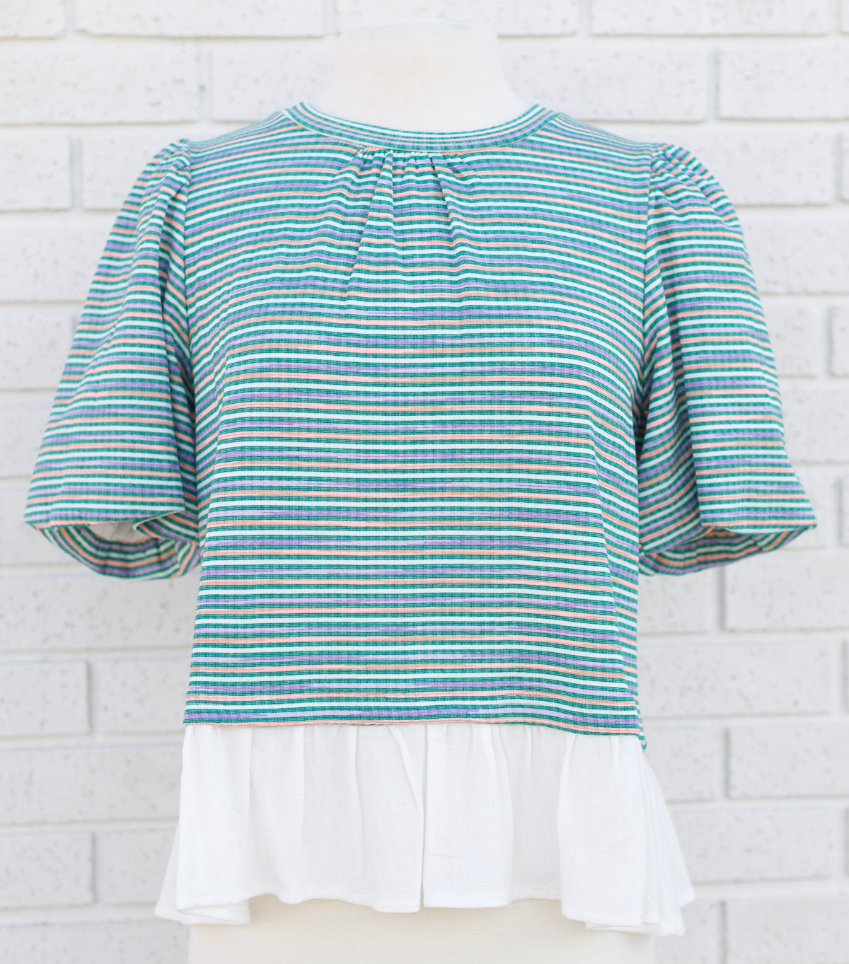 GREEN STRIPE BACK BOW RUFFLE HEM BLOUSE