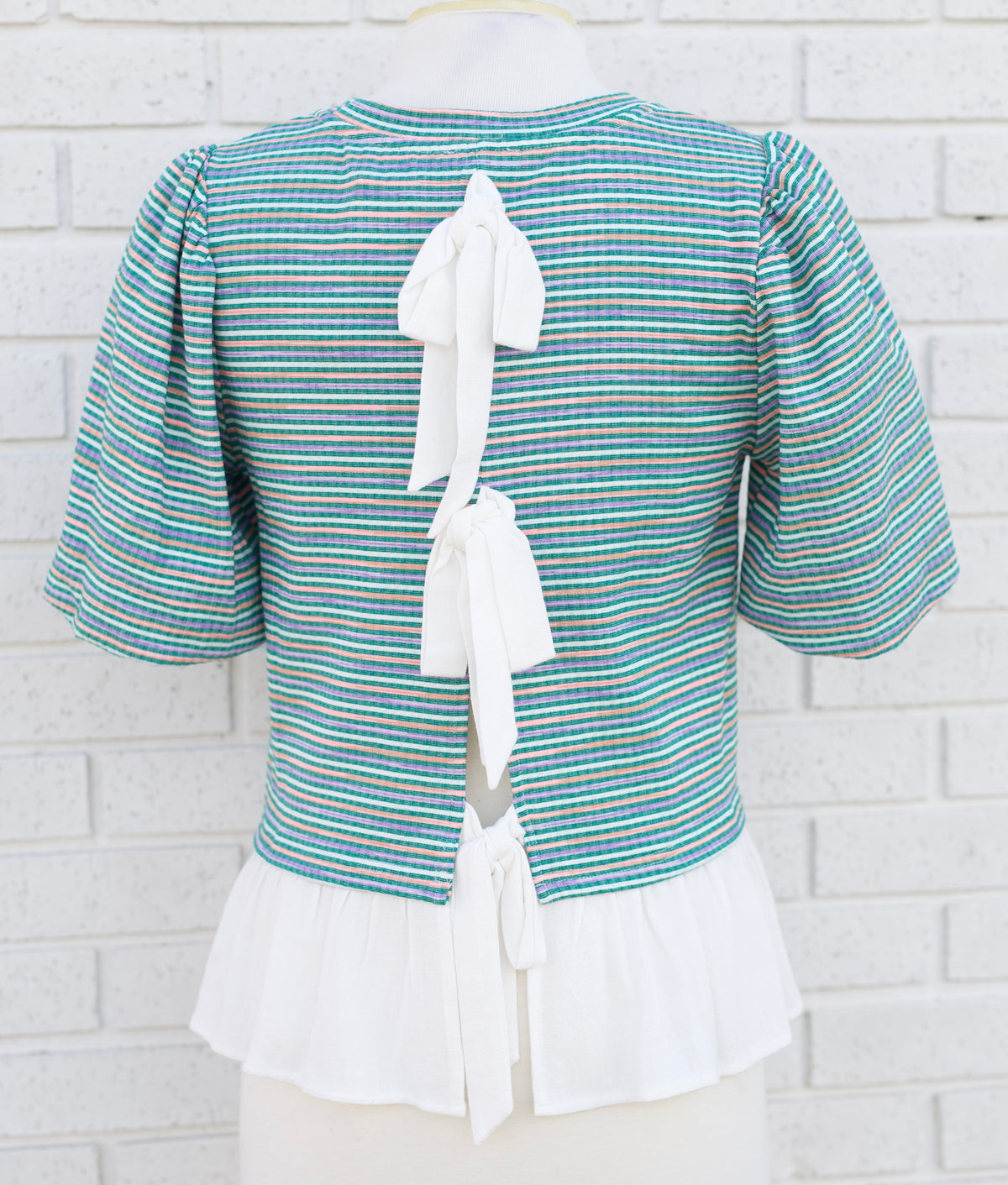 GREEN STRIPE BACK BOW RUFFLE HEM BLOUSE