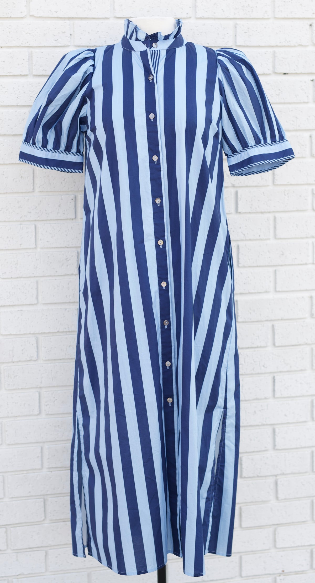 STRIPED PUFF SLEEVE BUTTON DOWN MIDI DRESS - Pharm Favorites by Economy Pharmacy