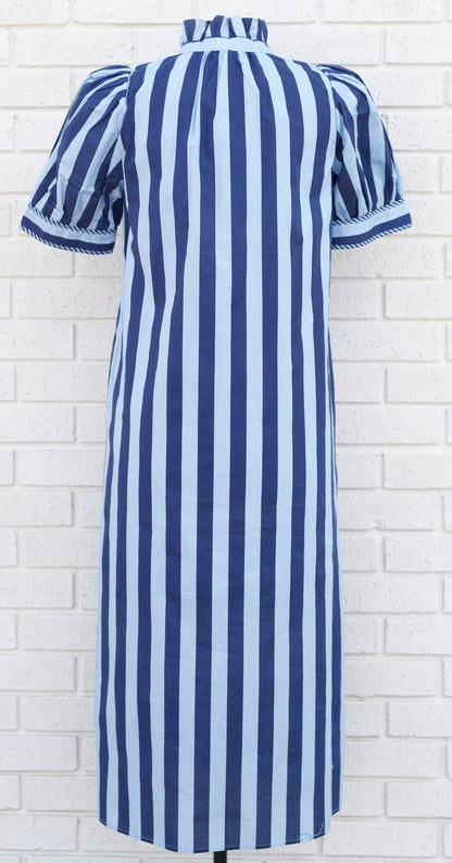 STRIPED PUFF SLEEVE BUTTON DOWN MIDI DRESS - Pharm Favorites by Economy Pharmacy
