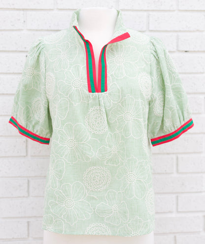 MINT COLOR CONTRAST BANDS FLORAL EMBROIDERED TOP