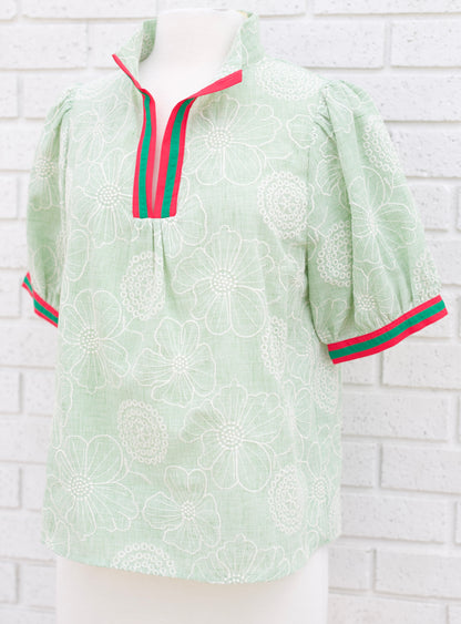 MINT COLOR CONTRAST BANDS FLORAL EMBROIDERED TOP