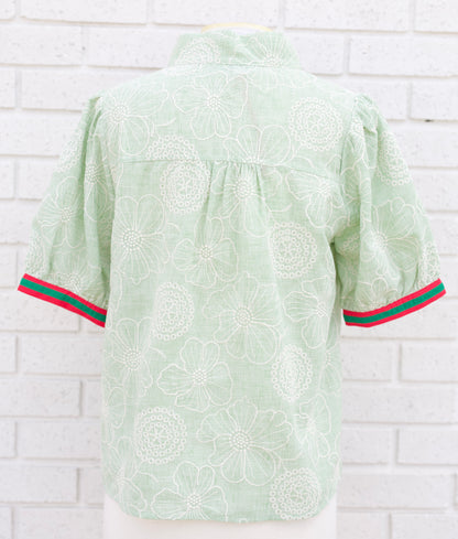 MINT COLOR CONTRAST BANDS FLORAL EMBROIDERED TOP