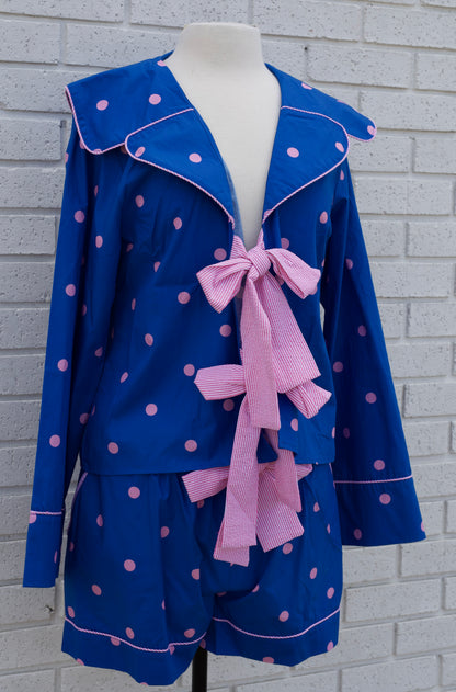POLKA DOT POPLIN PJ 2 PC.SET - BLUE/PINK