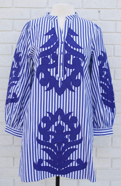 LONG PUFF SLEEVE BLUE STRIPE DRESS WITH BAROQUE APPLIQUE