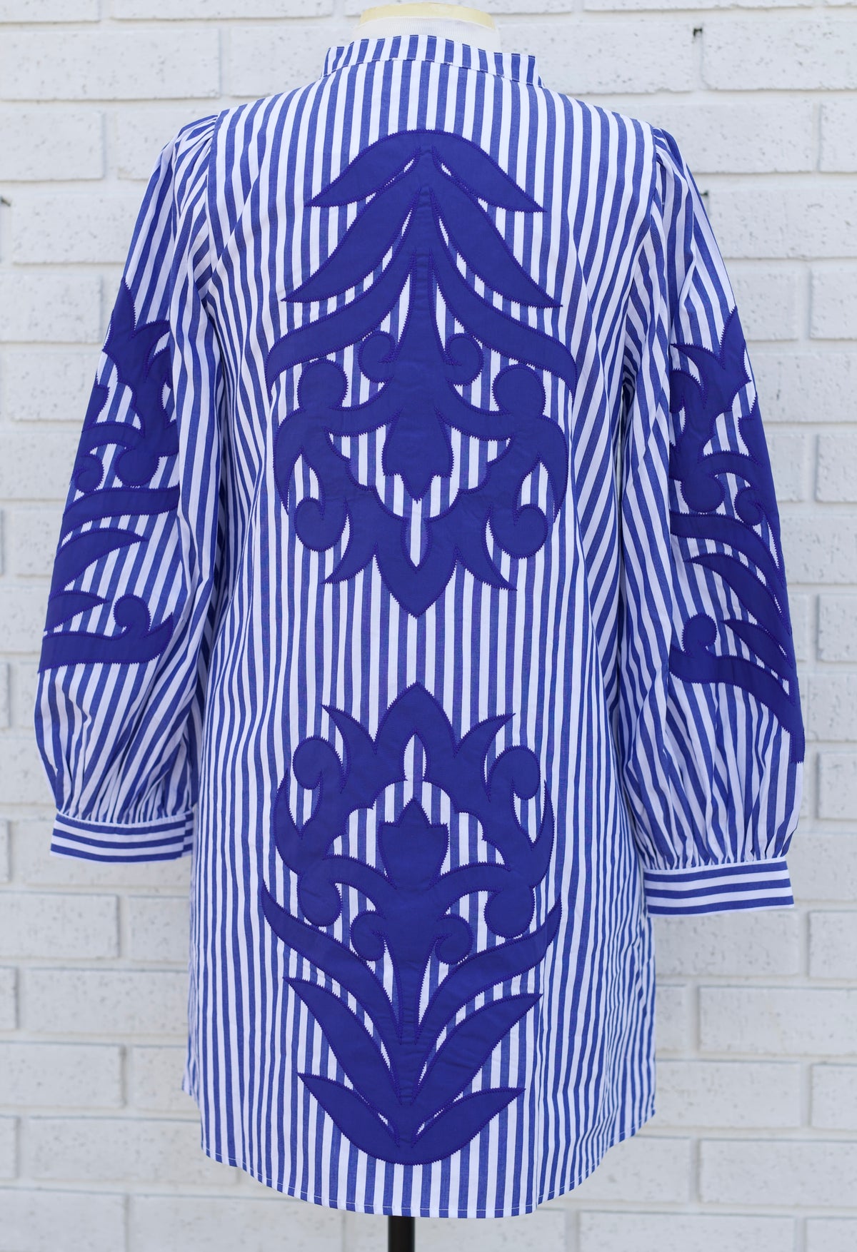 LONG PUFF SLEEVE BLUE STRIPE DRESS WITH BAROQUE APPLIQUE