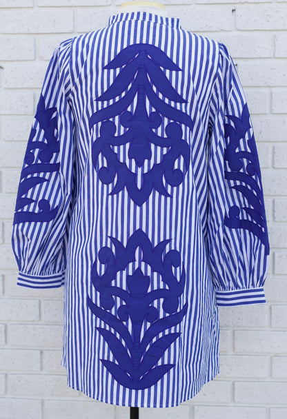 LONG PUFF SLEEVE BLUE STRIPE DRESS WITH BAROQUE APPLIQUE
