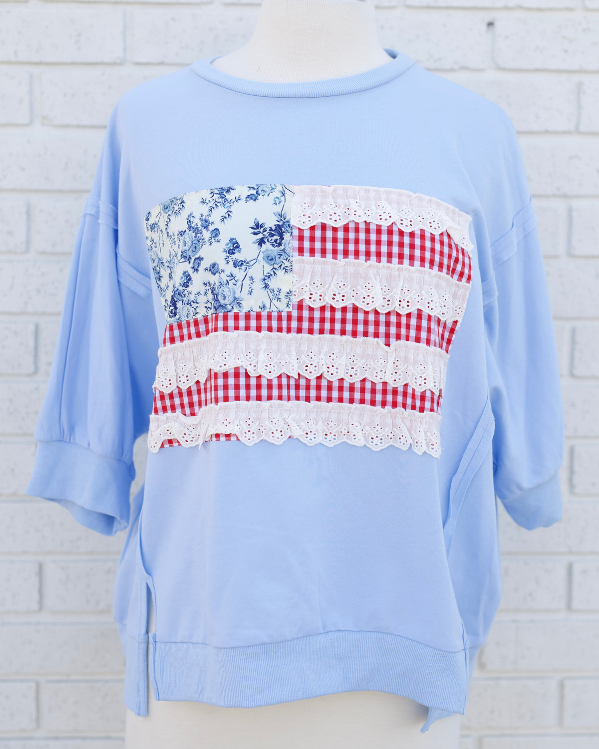 4TH OF JULY PATCHWORK OPEN SEAM DETAIL FRENCH TERRY TOP