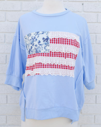 4TH OF JULY PATCHWORK OPEN SEAM DETAIL FRENCH TERRY TOP